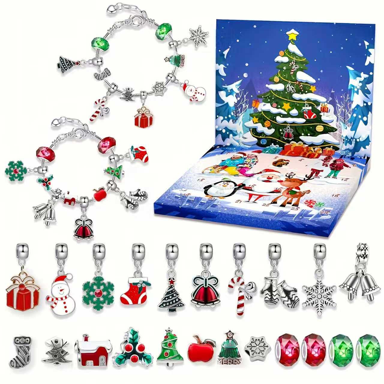 Resin Crafts Diy - クリエイティブなクリスマス24日カウントダウンカレンダーボックスセット。ビーズ22個とブレスレット2個が含まれています。 DIYブレスレット作成キット、アクセサリー、ギフト